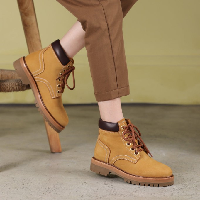 Women's Handmade High Lace-up Boot in Nubuck Calfskin in Light Tan/Army Green