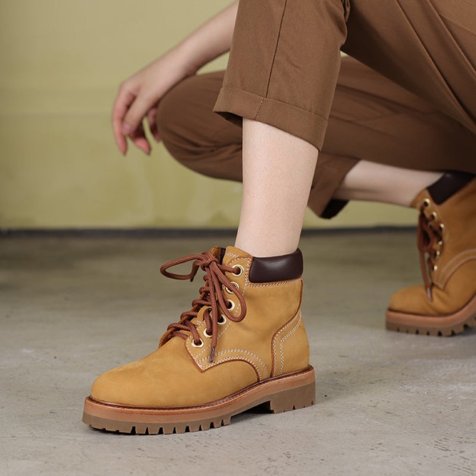 Women's Handmade High Lace-up Boot in Nubuck Calfskin in Light Tan/Army Green