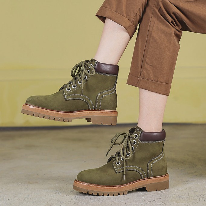 Women's Handmade High Lace-up Boot in Nubuck Calfskin in Light Tan/Army Green