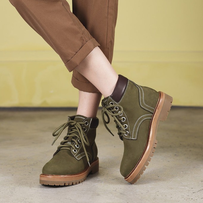 Women's Handmade High Lace-up Boot in Nubuck Calfskin in Light Tan/Army Green