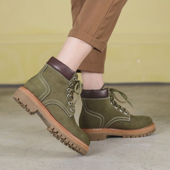 Women's Handmade High Lace-up Boot in Nubuck Calfskin in Light Tan/Army Green