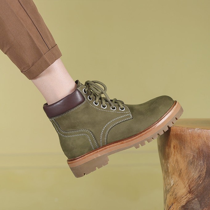 Women's Handmade High Lace-up Boot in Nubuck Calfskin in Light Tan/Army Green