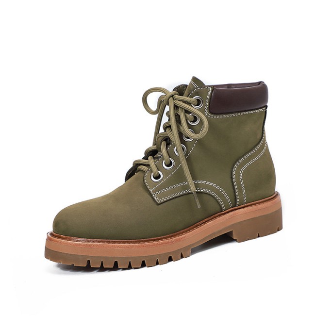 Women's Handmade High Lace-up Boot in Nubuck Calfskin in Light Tan/Army Green
