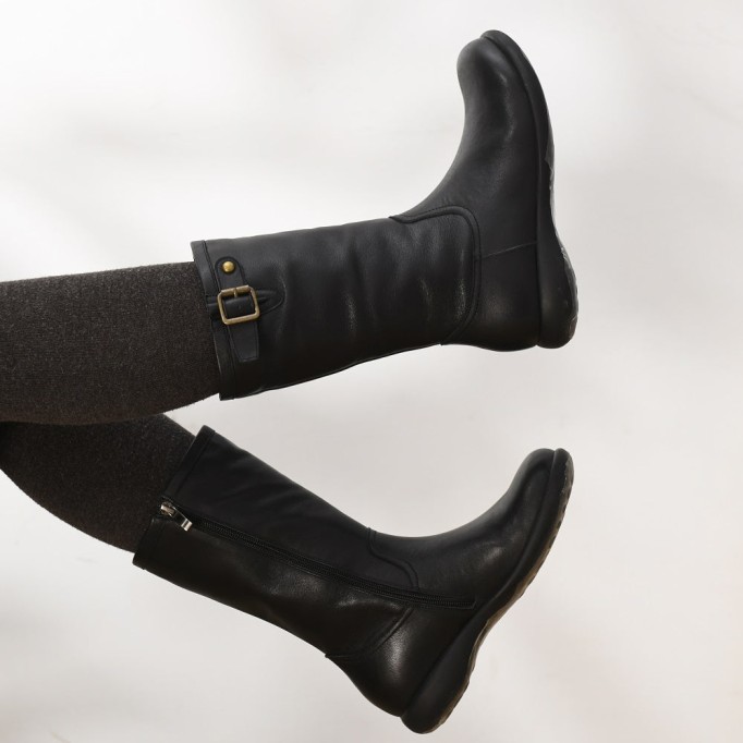 Womens Retro Leather Mid Calf Boots with Short Plush Lining for Cold Winter Black/Blue