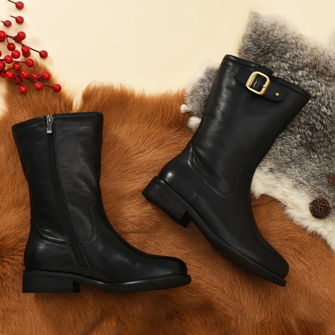 Womens Retro Leather Mid Calf Boots with Short Plush Lining for Cold Winter Black/Blue