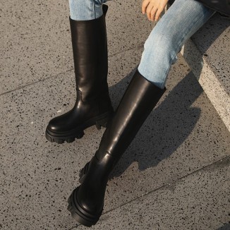 Riding Boots for Women in Black/White/Grey Leather - Chunky Sole Tall Boots Platform Boots