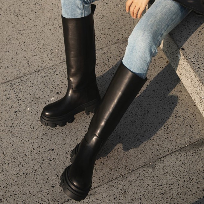 Riding Boots for Women in Black/White/Grey Leather - Chunky Sole Tall Boots Platform Boots