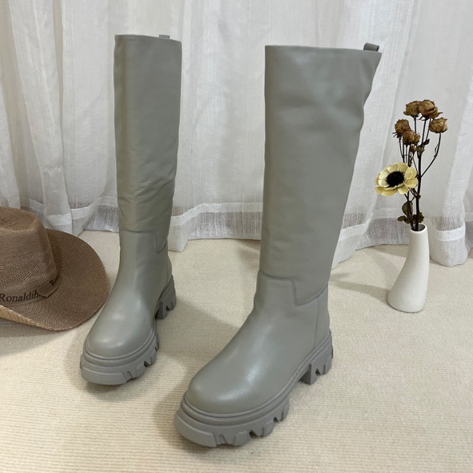 Riding Boots for Women in Black/White/Grey Leather - Chunky Sole Tall Boots Platform Boots