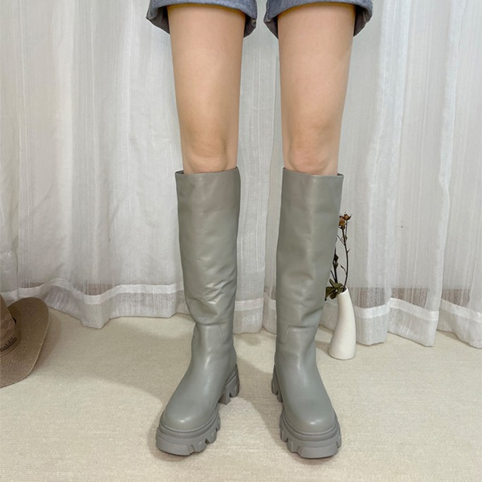 Riding Boots for Women in Black/White/Grey Leather - Chunky Sole Tall Boots Platform Boots