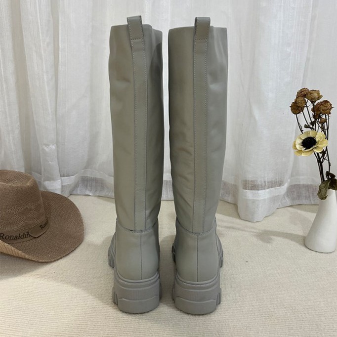 Riding Boots for Women in Black/White/Grey Leather - Chunky Sole Tall Boots Platform Boots