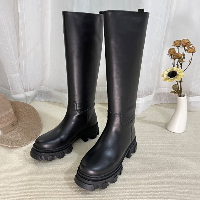 Riding Boots for Women in Black/White/Grey Leather - Chunky Sole Tall Boots Platform Boots