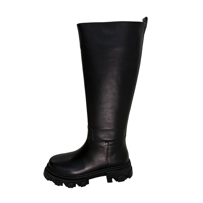 Riding Boots for Women in Black/White/Grey Leather - Chunky Sole Tall Boots Platform Boots