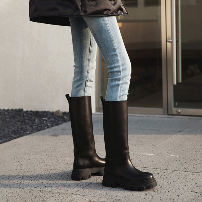 Riding Boots for Women in Black/White/Grey Leather - Chunky Sole Tall Boots Platform Boots