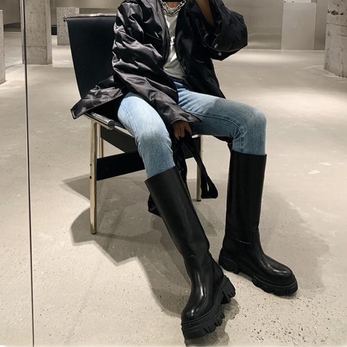 Riding Boots for Women in Black/White/Grey Leather - Chunky Sole Tall Boots Platform Boots