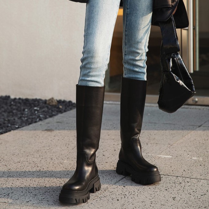 Riding Boots for Women in Black/White/Grey Leather - Chunky Sole Tall Boots Platform Boots