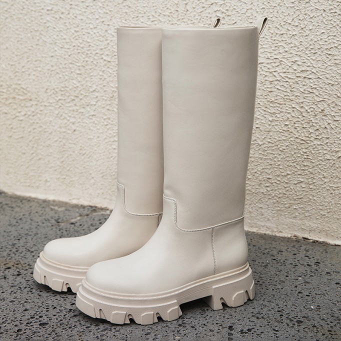 Riding Boots for Women in Black/White/Grey Leather - Chunky Sole Tall Boots Platform Boots