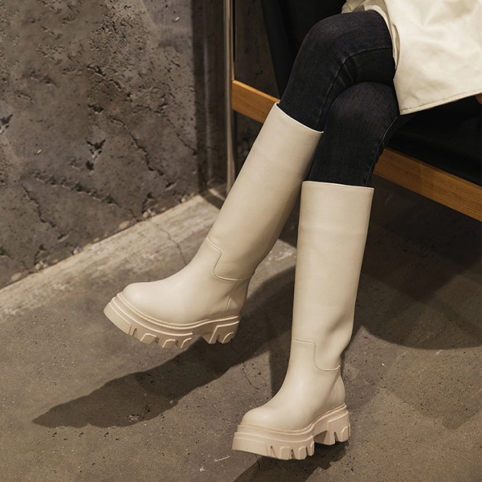 Riding Boots for Women in Black/White/Grey Leather - Chunky Sole Tall Boots Platform Boots