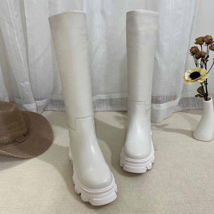 Riding Boots for Women in Black/White/Grey Leather - Chunky Sole Tall Boots Platform Boots