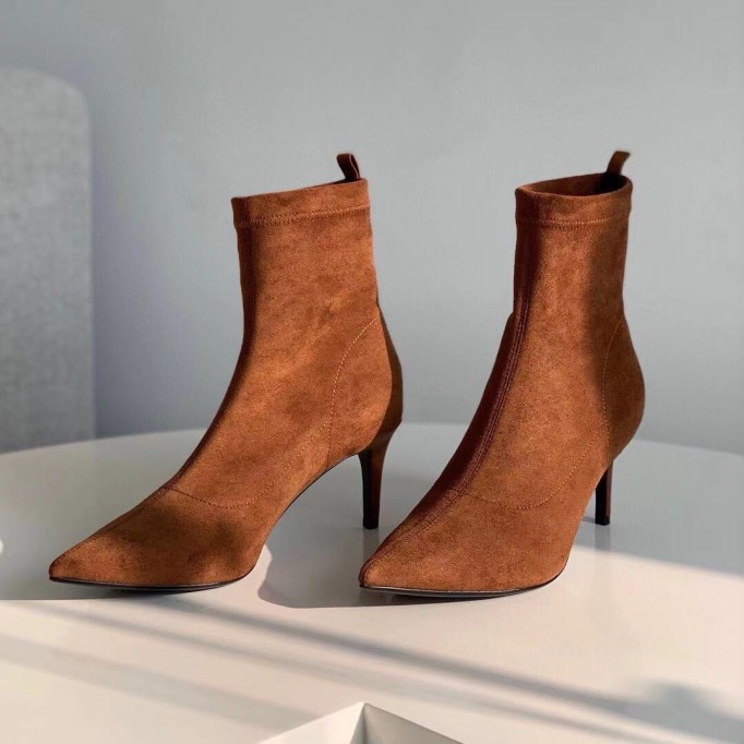 Classic Point Toe Sock Boots High Heel Stretch Boots Elastic Suede Handmade Black/Brown