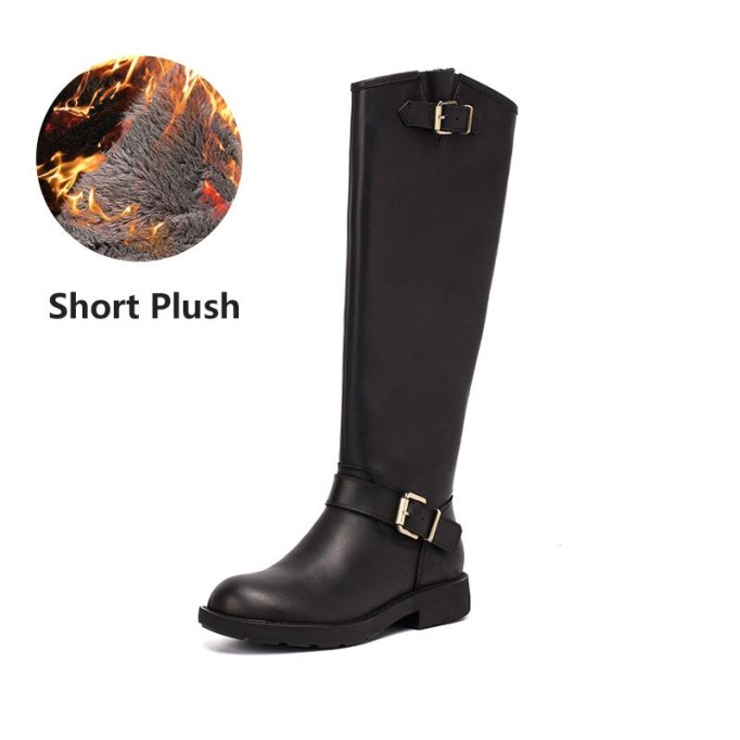 Crazy Horse Leather Knee High Boots Western Cowboy Boots Retro Riding Boots Short Plush Coffee /Black