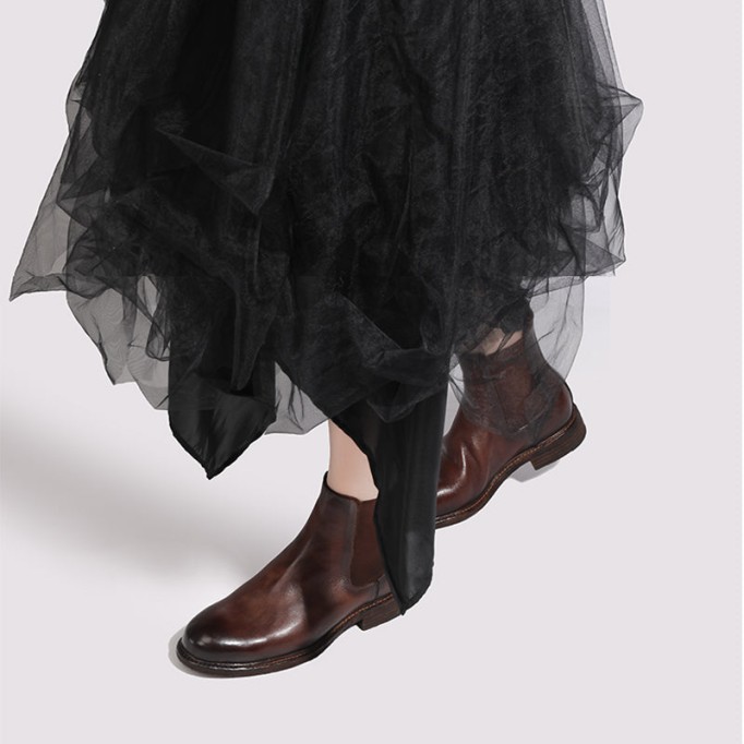 Goodyear Welt Baby Calf Full Grain Chelsea Boots For Women In Black/Brown Genuine Leather Sole