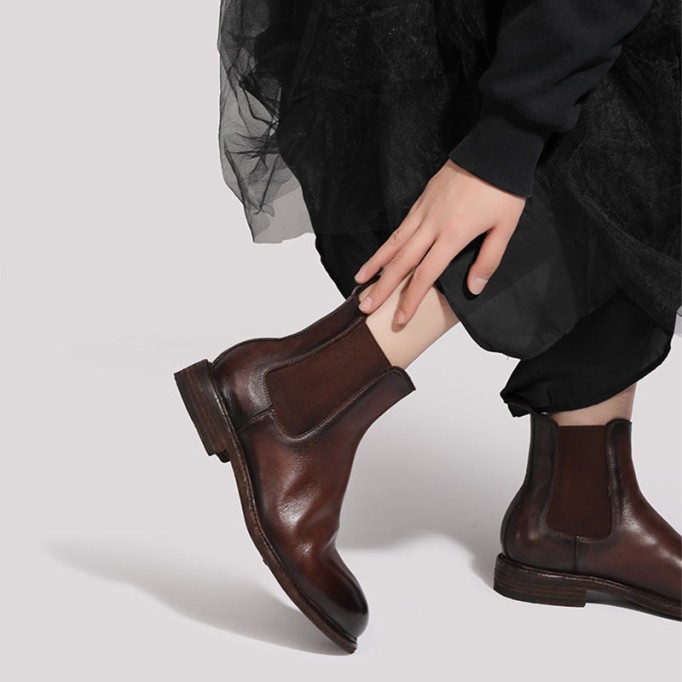 Goodyear Welt Baby Calf Full Grain Chelsea Boots For Women In Black/Brown Genuine Leather Sole