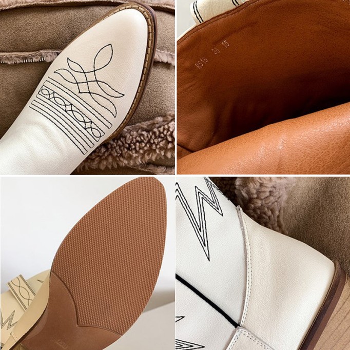 Womens Western Boots Mid Calf Embroidery Leather- Black/White Cowgirl Boots