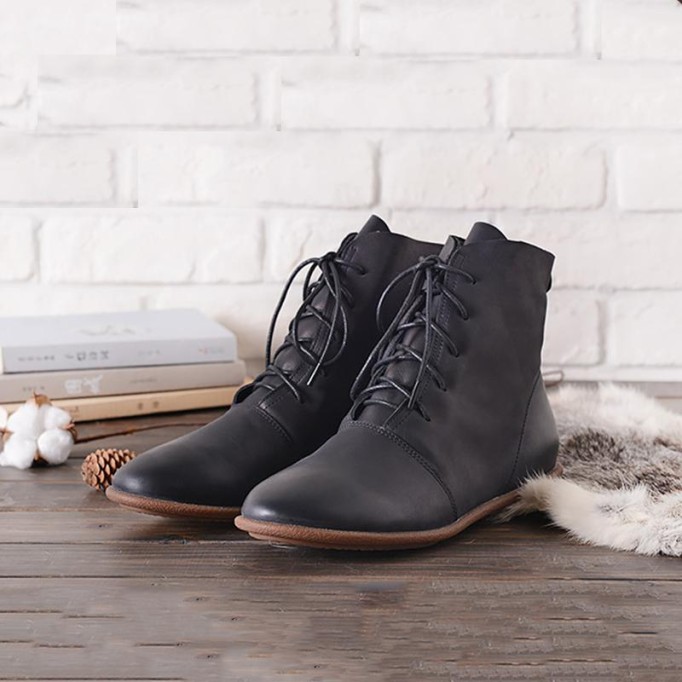 Oxfords For Women Lace Up Flat Sole Ankle Boots Handmade Waxing Leather Martin Boots Black/Brown