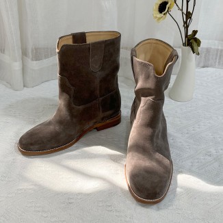 Womens Suede Leather Mid Calf Western Cowboy Boots In Black/Khaki/Brown/Grey