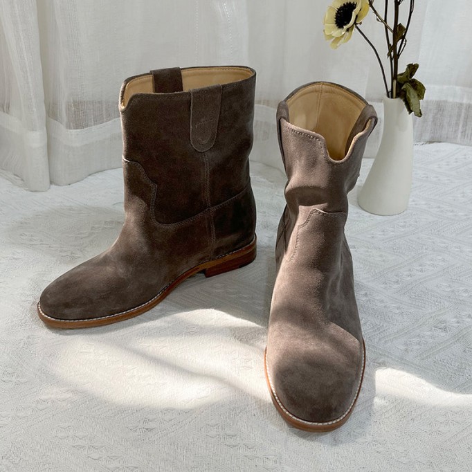 Womens Suede Leather Mid Calf Western Cowboy Boots In Black/Khaki/Brown/Grey