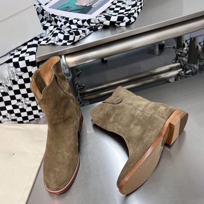 Womens Suede Leather Mid Calf Western Cowboy Boots In Black/Khaki/Brown/Grey