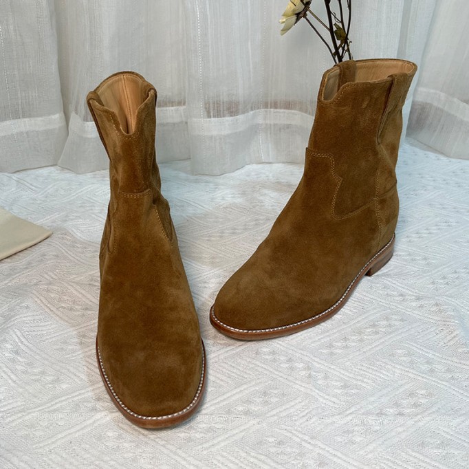 Womens Suede Leather Mid Calf Western Cowboy Boots In Black/Khaki/Brown/Grey