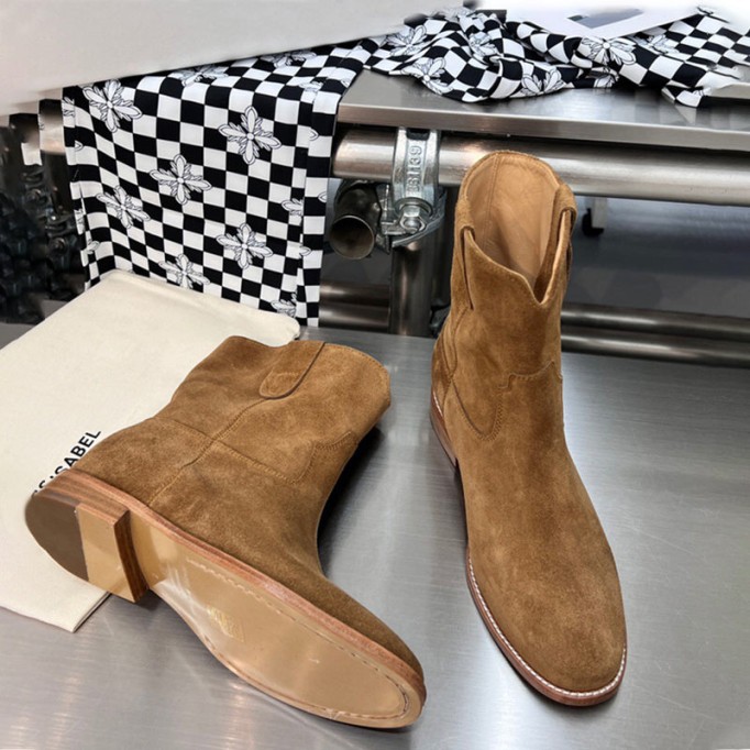 Womens Suede Leather Mid Calf Western Cowboy Boots In Black/Khaki/Brown/Grey