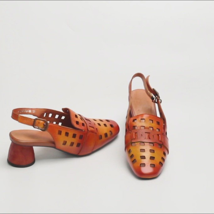 Comfy Genuine Leather Pumps Slingback Cut Out Chunky Sandals Orange/Grey