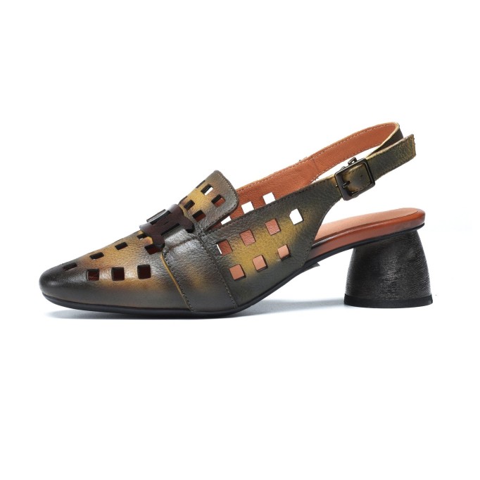 Comfy Genuine Leather Pumps Slingback Cut Out Chunky Sandals Orange/Grey