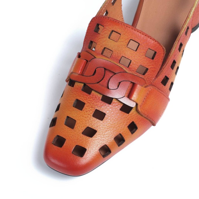 Comfy Genuine Leather Pumps Slingback Cut Out Chunky Sandals Orange/Grey