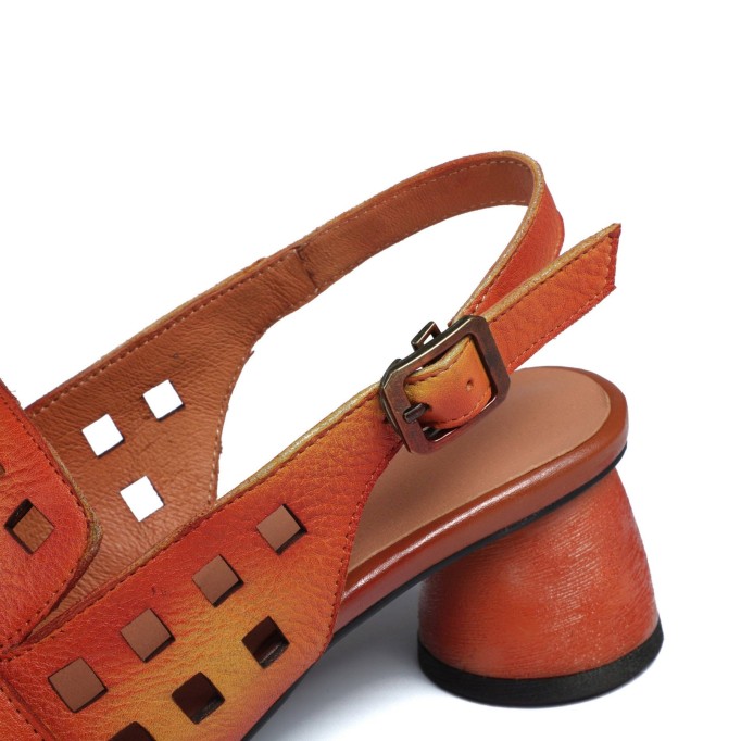 Comfy Genuine Leather Pumps Slingback Cut Out Chunky Sandals Orange/Grey