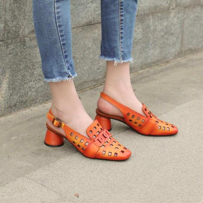Comfy Genuine Leather Pumps Slingback Cut Out Chunky Sandals Orange/Grey