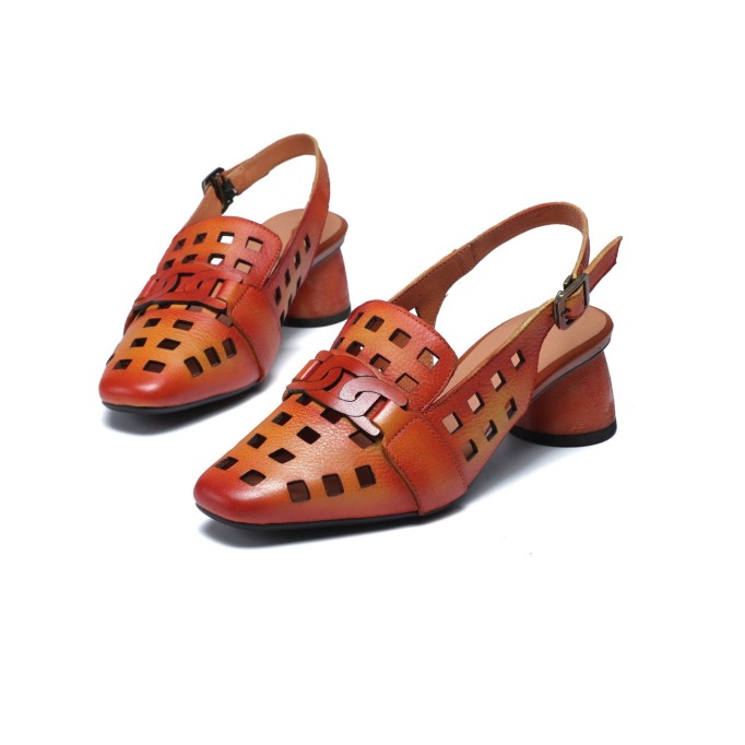 Comfy Genuine Leather Pumps Slingback Cut Out Chunky Sandals Orange/Grey