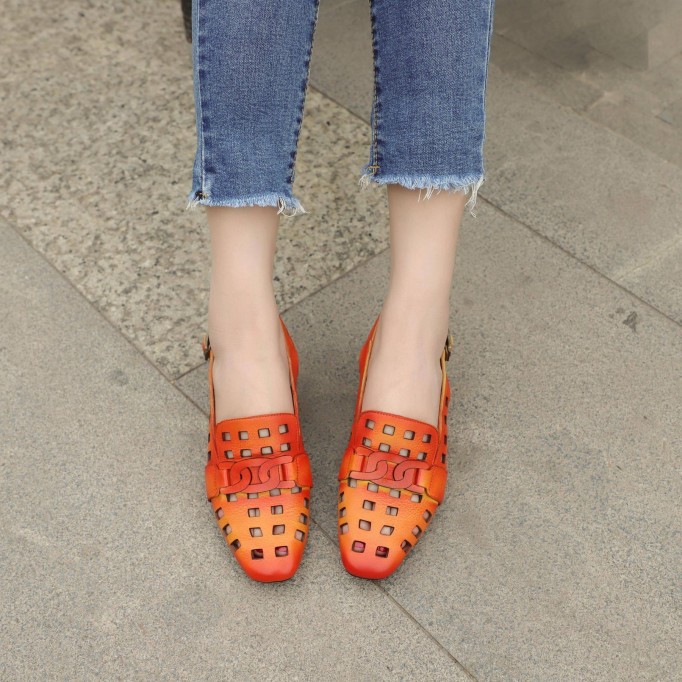 Comfy Genuine Leather Pumps Slingback Cut Out Chunky Sandals Orange/Grey