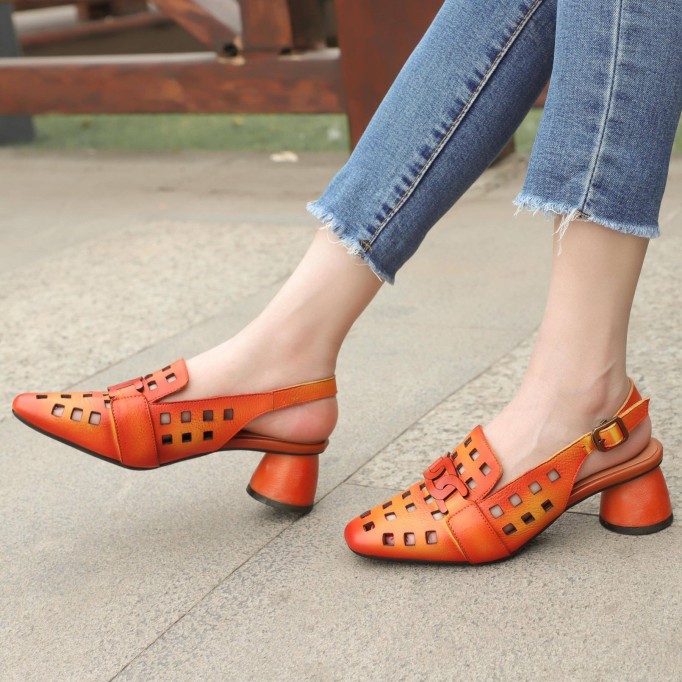 Comfy Genuine Leather Pumps Slingback Cut Out Chunky Sandals Orange/Grey