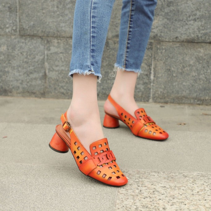 Comfy Genuine Leather Pumps Slingback Cut Out Chunky Sandals Orange/Grey