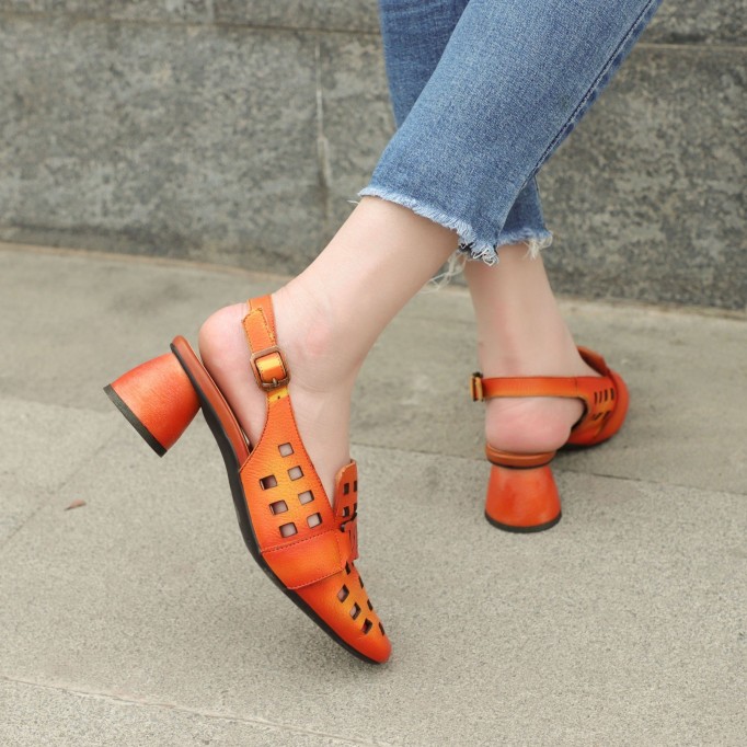 Comfy Genuine Leather Pumps Slingback Cut Out Chunky Sandals Orange/Grey