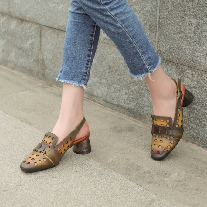 Comfy Genuine Leather Pumps Slingback Cut Out Chunky Sandals Orange/Grey