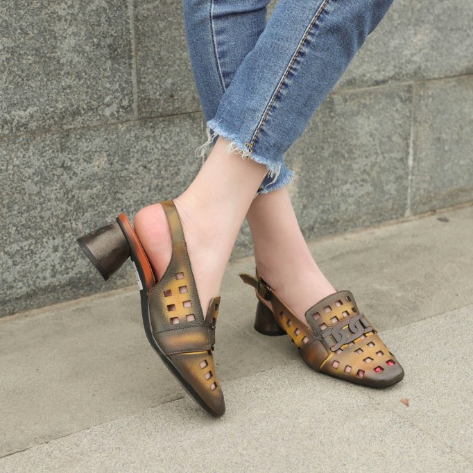Comfy Genuine Leather Pumps Slingback Cut Out Chunky Sandals Orange/Grey