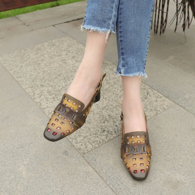 Comfy Genuine Leather Pumps Slingback Cut Out Chunky Sandals Orange/Grey