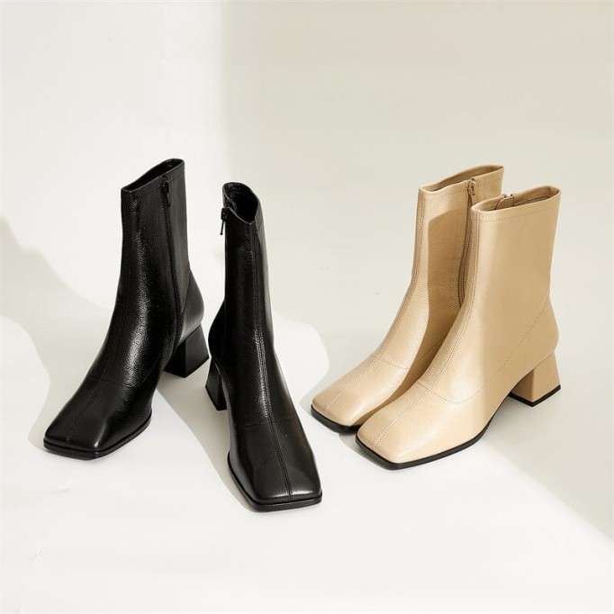 Classic Nude Leather Boots Elegant Glove-Like Ankle Boots High Heel Side Zipper Boots