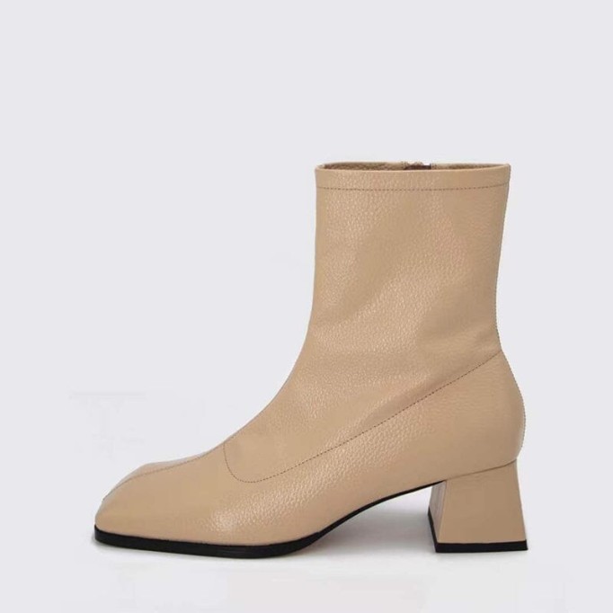 Classic Nude Leather Boots Elegant Glove-Like Ankle Boots High Heel Side Zipper Boots