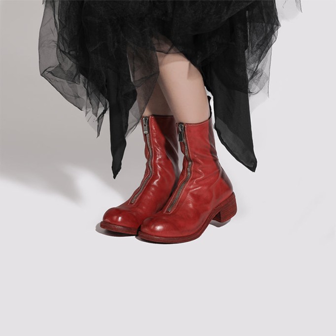 Goodyear Welt Horse Leather Ankle Boots Front Zip Calf-Length Army Boots For Women in Black/White/Red