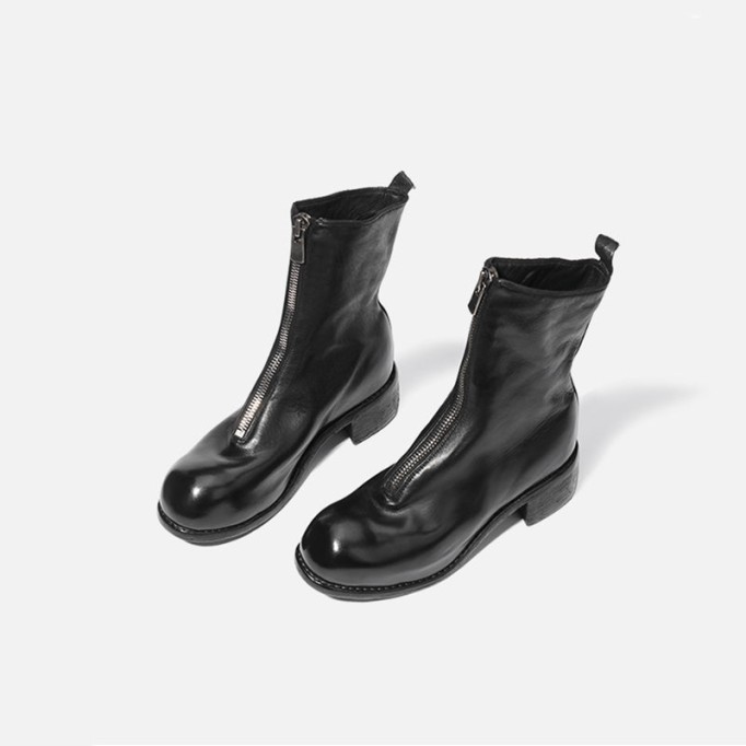 Goodyear Welt Horse Leather Ankle Boots Front Zip Calf-Length Army Boots For Women in Black/White/Red
